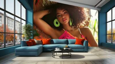 Vibrant Summer Vibes: Carefree Woman in Colorful Crochet Attire Posing in Mirror - Perfect for Sporty Interior Posters or Brightening Up Any Space! Wall mural