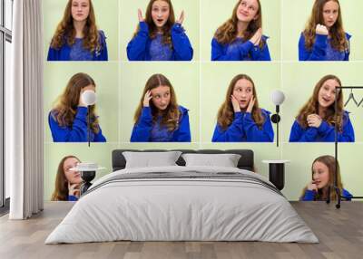 Actress set facial emotions portraits of teen girl 13 year old with long hair in blue attire, cover photoset. Different expressions, emotional face teenage model. Emotion concept. Copy ad text space Wall mural