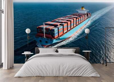 Aerial view of container ship sailing in open sea/ocean on skyline, daytime. Export freight transportation by container ship. Cargo shipping business logistics import concept. Copy ad text space Wall mural