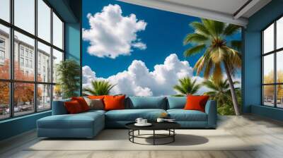 Background tropical nature landscape with two palm trees on amazing blue sky with clouds, fantastic wallpaper. Concept of summer vacation and business travel. Beauty in tropic climate. Copy text space Wall mural