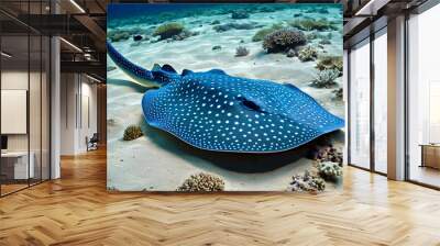 Blue spotted stingray (Myliobatoidei) cartilaginous fish on sandy bottom in tropical underwaters. Skate in underwater wild animal world. Observation of wildlife ocean. Scuba diving in Ecuador coast Wall mural