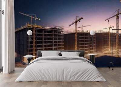 Building construction site with cranes and light flare at  night time background. Backdrop for industrial style. Concept of architecture and construction. Copy space Wall mural