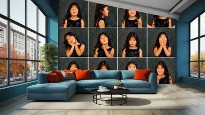 Collage set of studio shots with different facial expressions child oriental girl 6 year old at dark wall, actress emotions portfolio. Emotional kid posing. Kids actor emotion concept. Copy ad space Wall mural