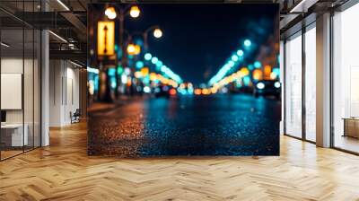 Colorful background of night street with bokeh blurred light cars and street lamps. Abstract backdrop of defocused lights at city life. Concept of cityscape backgrounds for design. Copy text space Wall mural