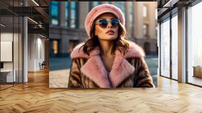 Fashionable pretty woman in sunglasses wearing natural fur coat and pink fur hat at city building background, looking up away. Stylish young lady posing outdoor. Fashion style concept. Copy text space Wall mural