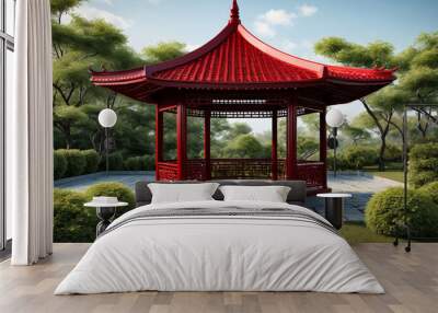 Illustration. Asian gazebo. Red roofs. Territory of an abandoned hotel Bedugul Taman Rekreasi Hotel & Resort. Beautiful landscape. Tourism and travel in Southeast Asia Wall mural