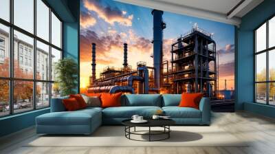 Industrial factory with furnace and heat exchanger cracking hydrocarbons, sunset. Equipment petrochemical plant. Manufacturing and industry technology concept. Gen ai illustration. Copy ad text space Wall mural