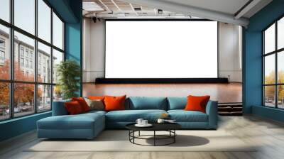 Large projection screen on stage in conference hall, blank billboard. Screen display for creative design, presentation board, free space advertisement. Advertising mock-up concept. Copy ad text space Wall mural