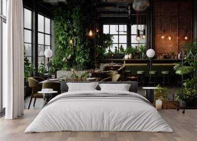 Modern cozy interior of restaurant in loft style with green plants. Background of stylish empty cafe with furniture arranged. Textured wooden tables and chairs Wall mural