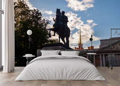 Monument emperor Peter Great on background of Mikhailovsky Castle. Unique urban landscape center Saint Petersburg. Central historical sights city. Top tourist places in Russia. Capital Russian Empire Wall mural