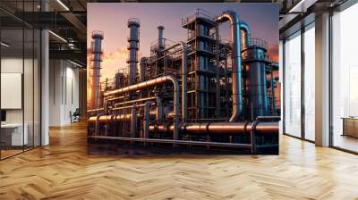 Petroleum industrial plant with pipeline and pipe rack at sunset sky background. View of chemical factory. Industrialization and industry technology concept. Gen ai illustration. Copy ad text space Wall mural