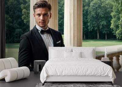 Portrait of handsome young man in tuxedo and bow tie at luxury palace, serious looking at camera. Confident stylish guy businessman in tux. Fashionable festive image concept. Copy ad text space Wall mural