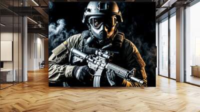 Portrait of special forces soldier man in uniform of tactical Units of Police with weapon at dark black background. Explosion, smoke and fire sparks. Urban problems unrest concept. Copy ad text space Wall mural