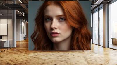 Portrait of young redhead emotional cover woman model close-up, bored looking at camera. Face of pretty bare positive lady actress with long red hair. Expressive emotions concept. Copy ad text space Wall mural