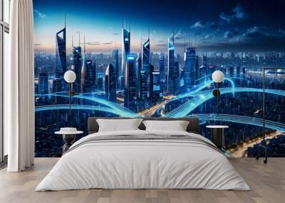 Scenery of smart city with digital blue wavy wires, antennas on night megapolis, urban skyline background. Data connection wireless technology concept. Gen ai illustration. Copy ad text space Wall mural