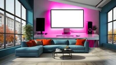 Screen monitor of personal gamer computer in living room at pink neon light. Monitor of pc stands on table at cozy home with modern design is neon lit. Advertising mock-up concept. Copy ad text space Wall mural