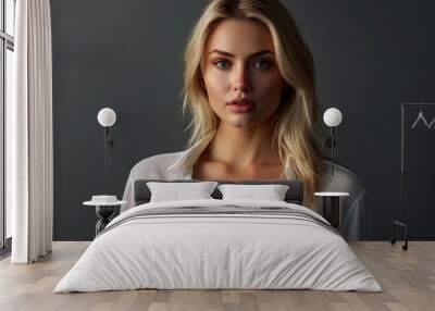 Sensual portrait of big breasted blonde female in an unbuttoned white shirt on white background. Pretty young woman an casual clothes posing and looking at camera and show emotion. Copy space Wall mural