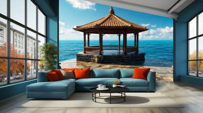 Stone pier on rocks with gazebo against blue sky and tropical sea. Landscape on shore of Gulf of Thailand, Cambodia. Pierce to conduct ceremony. Author's space. Large space for an inscription or logo Wall mural