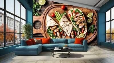 Top view of fresh chicken shawarma wrap on wooden board, at textured table. Savory handmade chicken shawarma with vegetables on rustic wooden serving platter. Food service concept. Copy ad text space Wall mural