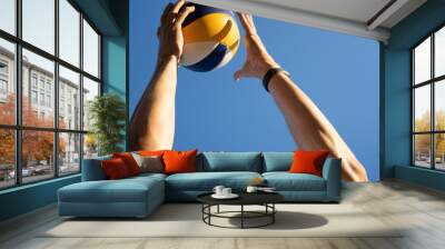 volleyball ball in the air and hands catching it. Wall mural