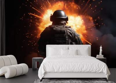 War Armed soldier back view portrait with explosions on background Generative AI Wall mural