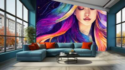 Watercolor illustration Woman girl beautiful color rainbow hair. Stars in your hair Wall mural