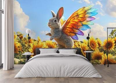 Whimsical Winged Rabbit Leaps in a Sunflower Field: Perfect Poster for Brightening Up Sports Interiors and Inspiring Joy in Any Space! Wall mural