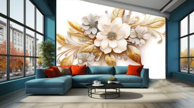 white and gold flowers with gold leaves on white background Wall mural