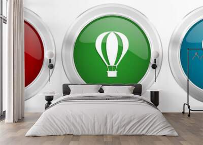 Balloon, air transport vector icon set. Red, blue and green silver metallic web buttons with chrome border Wall mural