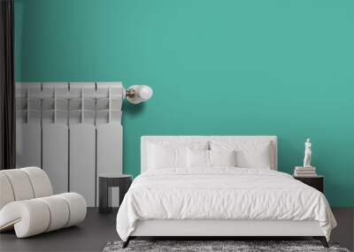 White heater with a regulator on a turquoise wall. Central heating concept Wall mural