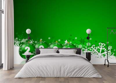 New year 2024 illustration with Christmas balls and snowflakes on green background Wall mural