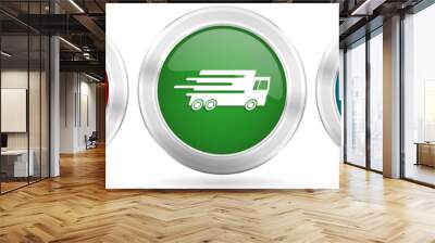 Speed transport, fast delivery, truck vector icon set. Red, blue and green silver metallic web buttons with chrome border Wall mural