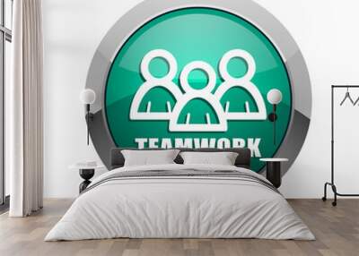 Teamwork silver metallic chrome web design green round internet icon with shadow on white background. Wall mural