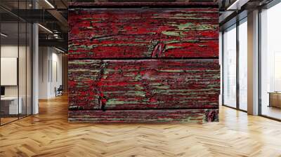 Wood texture. Grunge old wooden red and green painted floor boards background. Wall mural