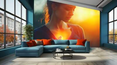 Woman clutching chest showing pain, distress, tension, discomfort. AI generated Wall mural