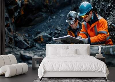 Workers working in a mine extracting minerals. Discussing the results. Wall mural