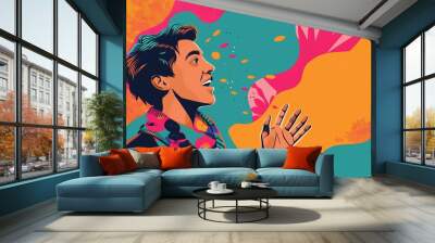 World Voice Day.Concept illustration of the phenomenon of voice.A person communicating using sign language, with expressive hand gestures Wall mural