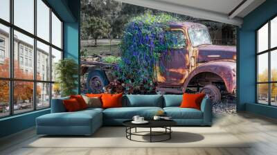 Rusted car and chickens Wall mural