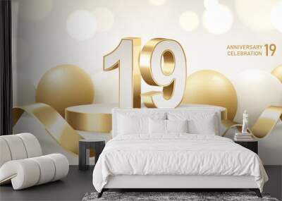 19th Anniversary celebration background. Golden 3D numbers on round podium with golden ribbons and balloons with bokeh lights in background. Wall mural