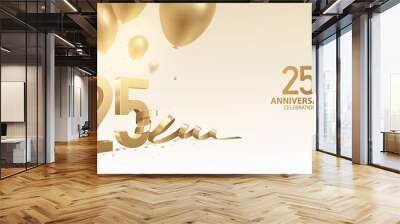 25th Anniversary celebration background. 3D Golden numbers with bent ribbon, confetti and balloons. Wall mural