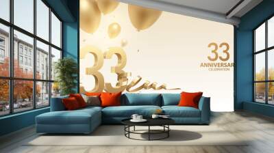 33rd Anniversary celebration background. 3D Golden numbers with bent ribbon, confetti and balloons. Wall mural