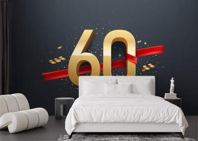 60th Year anniversary celebration background. 3D Golden number wrapped with red ribbon and confetti on black background. Wall mural