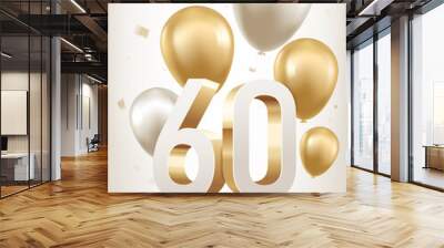 60th Year anniversary celebration background. Golden and silver balloons with confetti on white background with 3D numbers. Wall mural