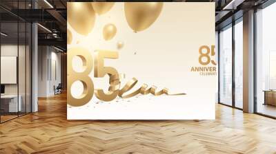 85th Anniversary celebration background. 3D Golden numbers with bent ribbon, confetti and balloons.
 Wall mural