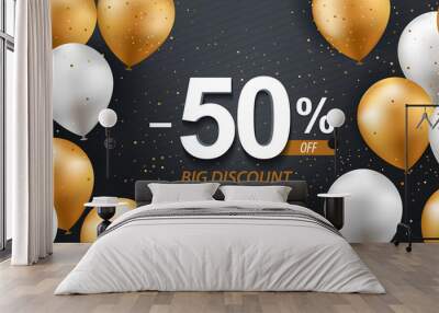 fifty percent discount. gold and white balloons with confetti on black background. Wall mural