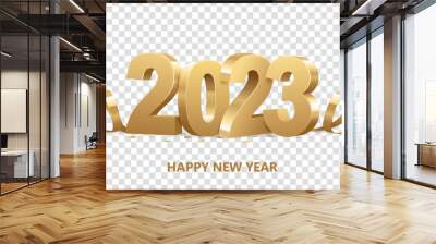 Happy New Year 2023. Golden 3D numbers with ribbons and confetti , isolated on transparent background. Wall mural