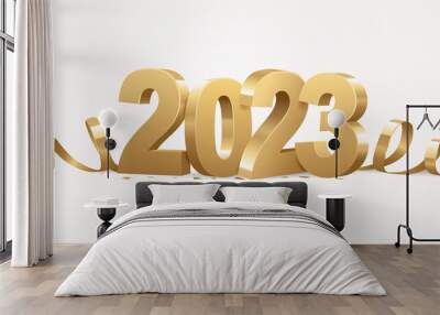 Happy New Year 2023. Golden 3D numbers with ribbons and confetti on a white background. Wall mural