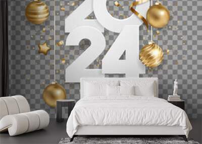 Happy new year 2024. White paper numbers with golden Christmas decoration and confetti, isolated on transparent background. Holiday greeting card design. Wall mural