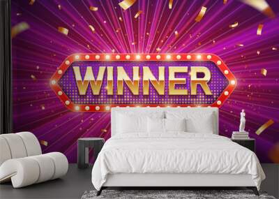 Winner. Retro winner congratulation banner with glowing light bulbs and golden confetti on a burst purple background. Winners of poker, jackpot, roulette, cards or lottery. Wall mural