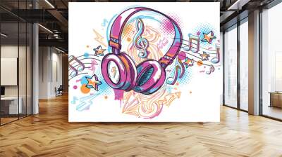 Music design - graffiti drawn headphones and notes Wall mural